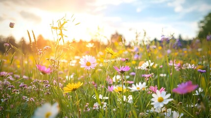 Wall Mural - Blooming Meadow of Vibrant Wildflowers Under Bright Sky,Serene Nature Scene