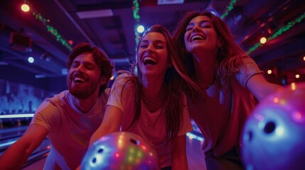 Three people are playing a game of bowling