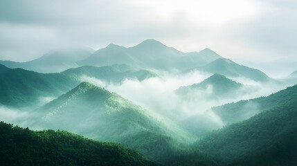 Wall Mural - Misty Mountains with Tranquil Rolling Hills in Soft Natural Light Scenery