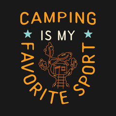 Wall Mural - Camping T Shirt Design in minimalist Line Art Style with Quote - Camp is my favorite sport. Travel linear Emblem. Hiking Colorful Label. Stock Badge