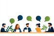 © PrusarooYakk - Illustration of a group of people having a discussion at a table with speech bubbles. Collaborative teamwork and communication concept.