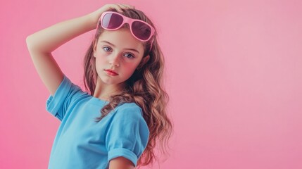 Poster - A young girl wearing a blue shirt and pink sunglasses poses for the camera