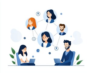 Fototapete - Illustration of remote teamwork with people connected virtually, using laptops for online communication and collaboration.