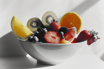 Bowl of fresh fruit in a natural light background.