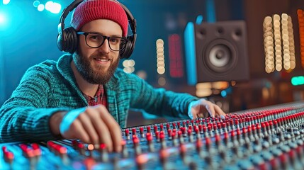 A sound engineer adjusting the levels on a mixing board while the film crew prepares for the next scene in a professional studio setting perfect for showcasing the technical expert