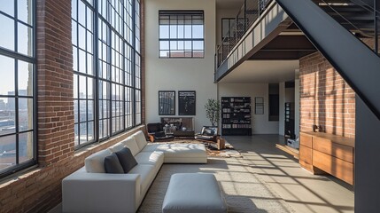 Wall Mural - Interior photography of a modern loft with a sleek design, minimalist decor, and large windows