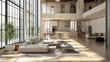 © NATTAWUT - Modern open-plan living room with contemporary furniture, minimalist decor, and large windows in a loft-style apartment