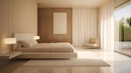 Wall Mural - Minimalist design of a contemporary bedroom with clean lines, neutral tones, and an open-plan layout