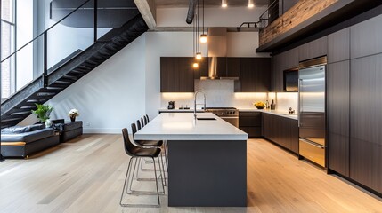 Wall Mural - Sleek and modern kitchen with minimalist decor, clean lines, and an open-plan layout in a contemporary loft