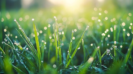 Wall Mural - Dewy Grass Blades Glistening in the Early Morning Light