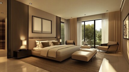 minimalist design of a contemporary bedroom with clean lines, neutral tones, and an open-plan layout