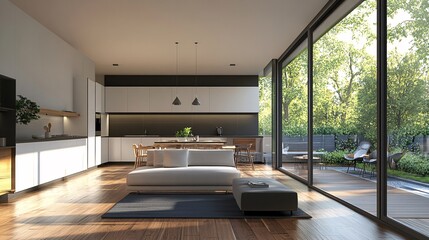 contemporary open-plan living space with a modern kitchen, sleek design, and minimalist decor