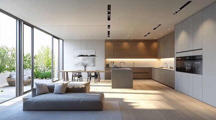 Contemporary open-plan living space with a modern kitchen, sleek design, and minimalist decor