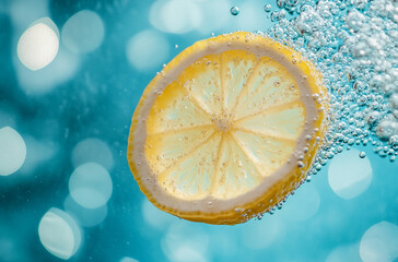 Canvas Print - slice of lemon floating in sparkling water against a blue background