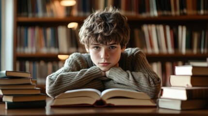 Wall Mural - Boy Reading in Library