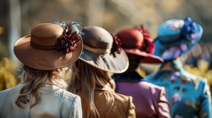 Wall Mural - Four women wearing hats and coats are standing in a line