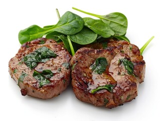 Wall Mural - Two pieces of meat with spinach on top. The spinach is fresh and green. The meat is cooked and juicy