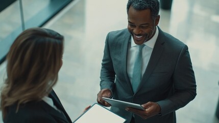 Wall Mural - A man and a woman are standing in a room, smiling at each other. The man is holding a tablet in his hand