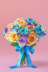 Canvas Print - A bouquet of rainbow colored roses is displayed on a pink background. The bouquet is arranged in a way that the colors of the roses are visible