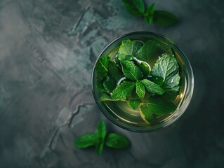 Wall Mural - A glass of mint tea with a few sprigs of mint on top. Concept of relaxation and calmness, as the mint tea is a popular beverage known for its soothing properties