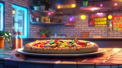 A 3D illustration of a pizza creation with vibrant toppings in a lively pizzeria