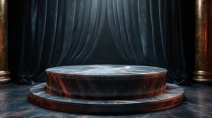 Poster - A light gray marble podium with curtain on background.