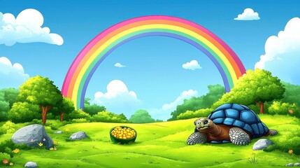 Colorful Rainbow Over Serene Countryside with Vibrant Trees, Happy Tortoise, and Blue Sky with Playful Clouds