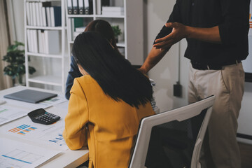 asian women are stressed while working on laptop, tired asian businesswoman with headache at office,