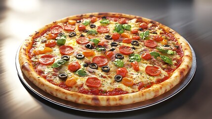 A 3D illustration of a custom pizza with an assortment of fresh toppings