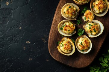 Poster - Baked Clams with Parsley on Wooden Board