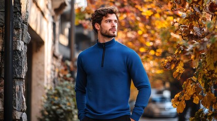 American man model wearing long sleeves knitted zip neck tee