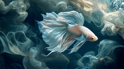 White betta fish with long fins swimming in a dark and mysterious water