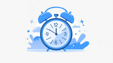 A blue alarm clock with ringing bells indicating morning time amidst a light splash of water and sparkles in a bright background