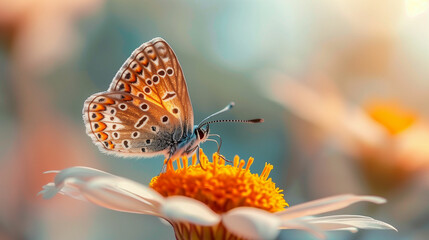 A detailed close-up of a butterfly resting on a vibrant orange flower in a sunny garden on a warm summer day