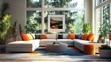 Wall Mural - Modern Living Room with Large Windows and Abstract Artwork