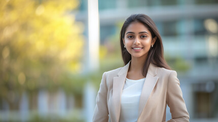 Portrait of businesswoman standing in office outdoors | young woman employee | Confident indian business woman | successful woman leader