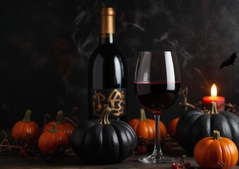 Halloween Wine for the holiday, autumn still life, black roses, Halloween, pumpkins, candles, evil faces,