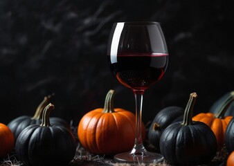 Halloween Wine for the holiday, autumn still life, black roses, Halloween, pumpkins, candles, evil faces,