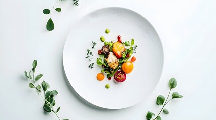 Wall Mural - A gourmet meal with a clean white backdrop showcasing the modern minimalist style