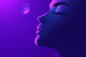 Woman's Silhouette Blending with Starry Night Sky and Moon Against Purple Background