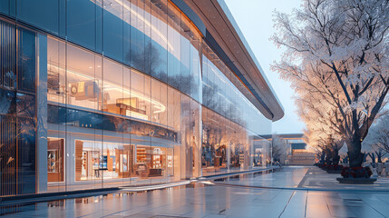 Aufkleber - Side view of luxury mall with glass shops, cherry blossom trees behind mall. Generative AI.
