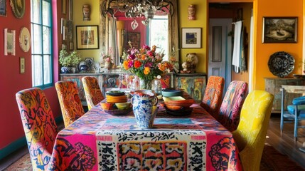 Wall Mural - A Colorful Dining Room with Floral Centerpiece and Patterned Chairs