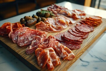 Wall Mural - Wooden Cutting Board with Meat and Vegetables