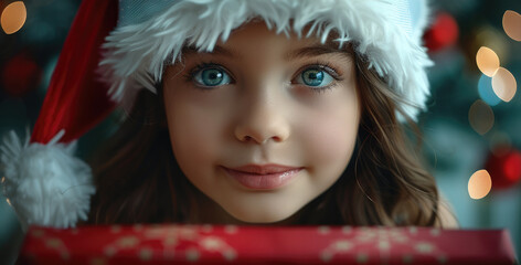 Wall Mural - Close-up portrait of an excited young girl with dark, wavy hair looking into a large gift box. She is wearing a Santa hat. Generative AI.