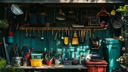 Wall Mural - Tool shed with garden tools and household waste bins