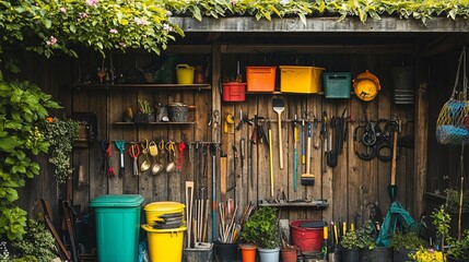 Wall Mural - Tool shed with garden tools and household waste bins