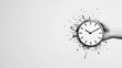 © LittleG Studio - Hand with a broken wristwatch showing digital time, representing disruption in worklife balance, Futuristic, Monochrome