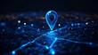 © Murad - Navigating the digital cosmos: a low-poly wireframe vector illustration of GPS pin on a starry blue laptop screen