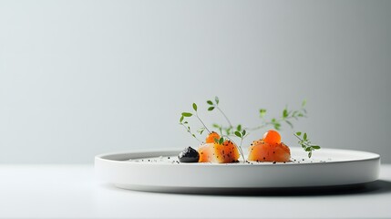 Wall Mural - A clean white surface with a minimalist presentation of a gourmet meal