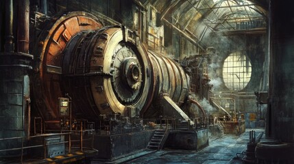 Wall Mural - Industrial Interior with Large Rusty Machinery and Smoke